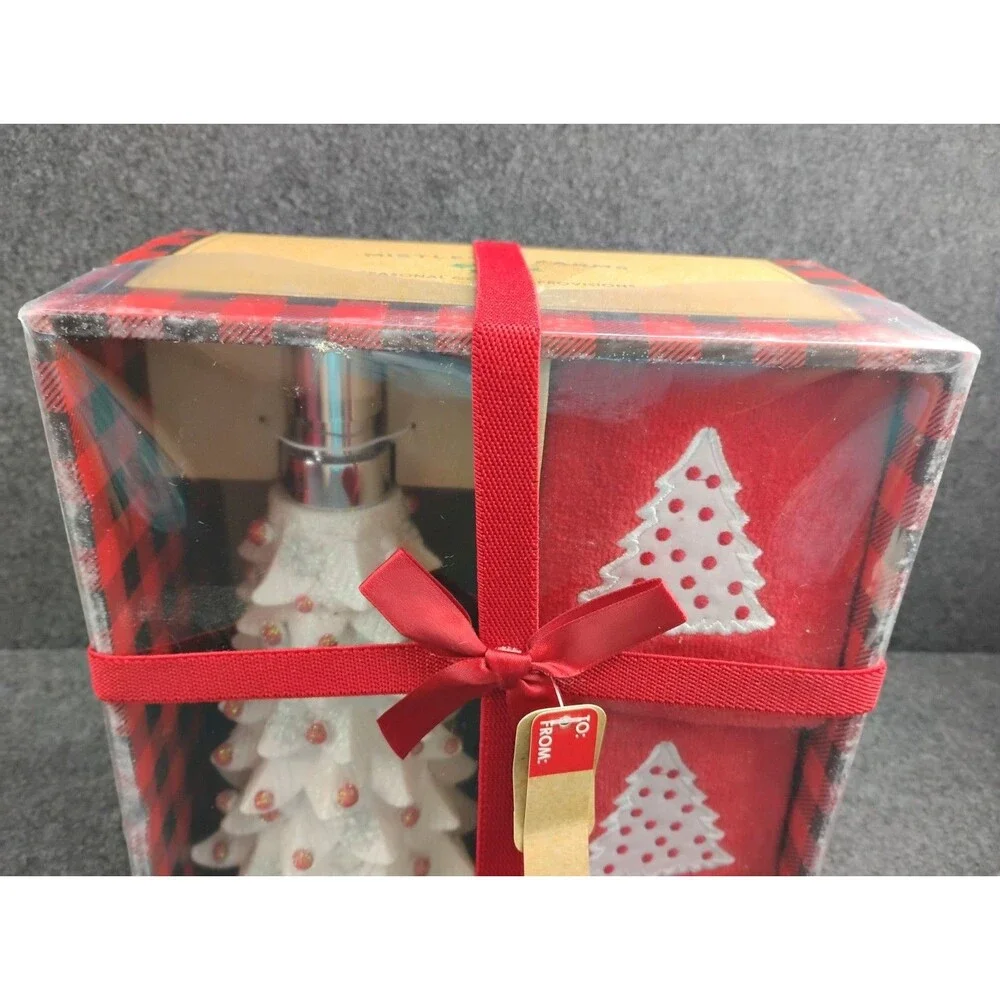 White Christmas Tree Soap Lotion Dispenser and 2 Red Fingertip Towels NEW in Box